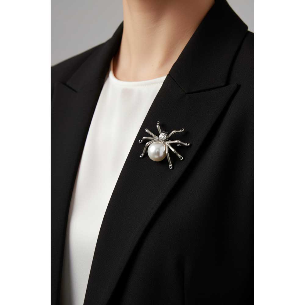 Model wearing pearl spider brooch pin on a black jacket with a white shirt - Lilylin Designs