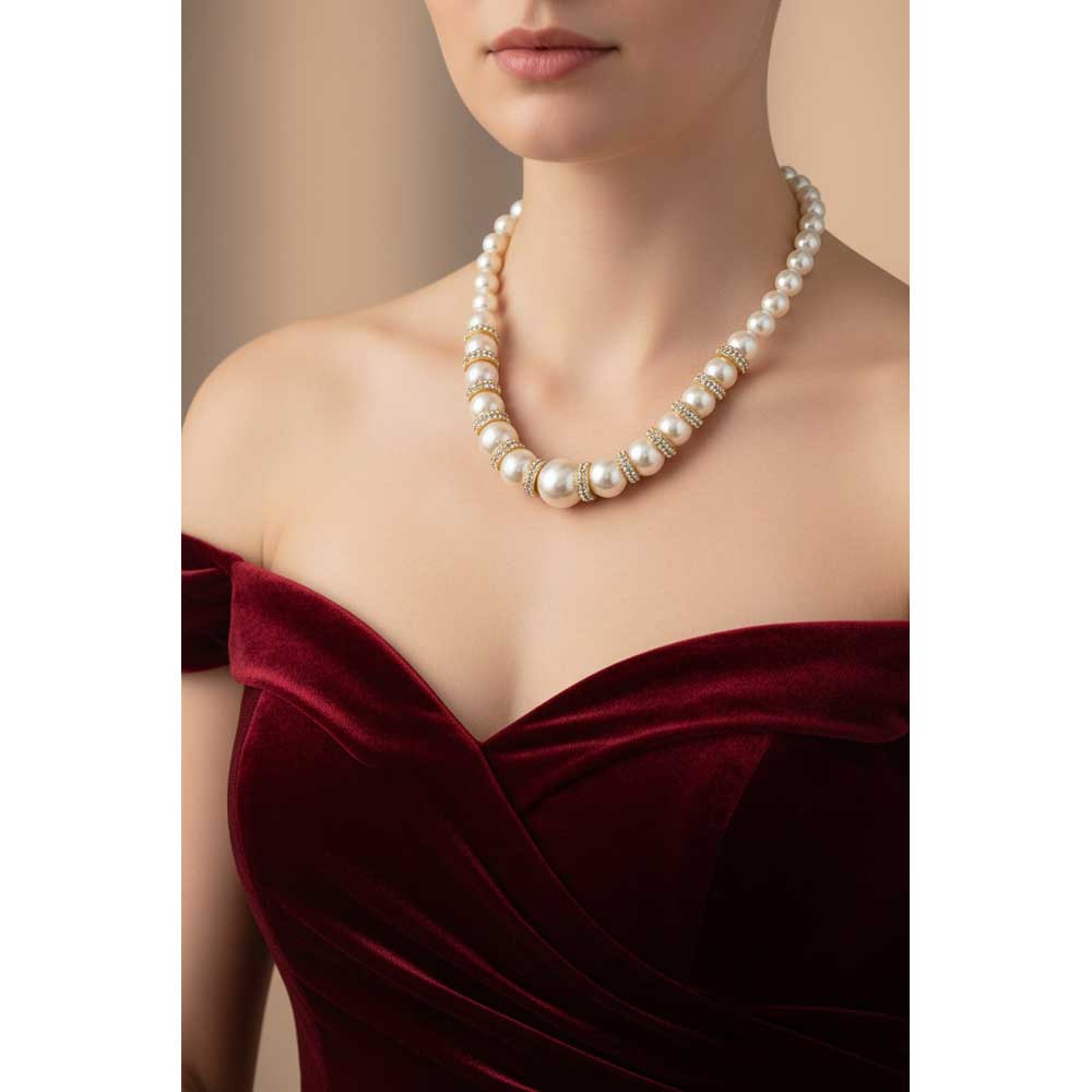 Model wearing pearls with crystal rondelles necklace with a dark red velvet dress - Lilylin Designs