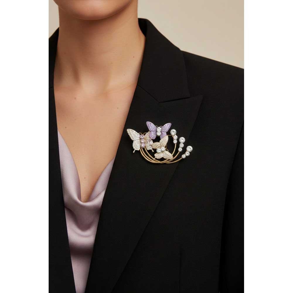 Model wearing purple and gray butterflies brooch pin on a black jacket - Lilylin Designs