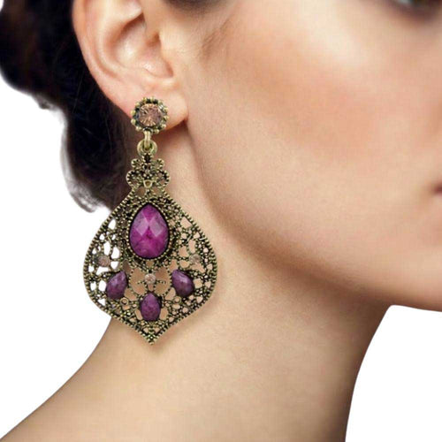 Model wearing filigree purple earrings - Lilylin Designs