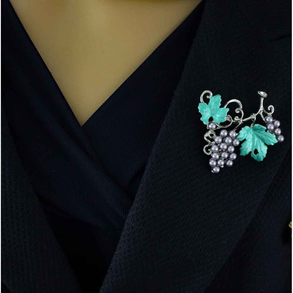 Model wearing Purple Pearl Grapes on the Vine Brooch Pin - Lilylin Designs