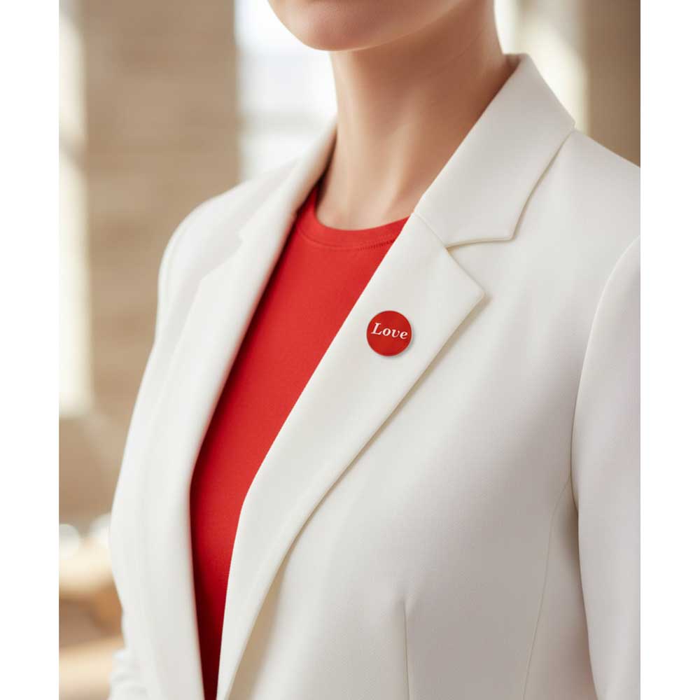A close-up of a person wearing a white blazer over a red top, with a small round red pin or badge on the lapel that reads "Love.". Lilylin Designs