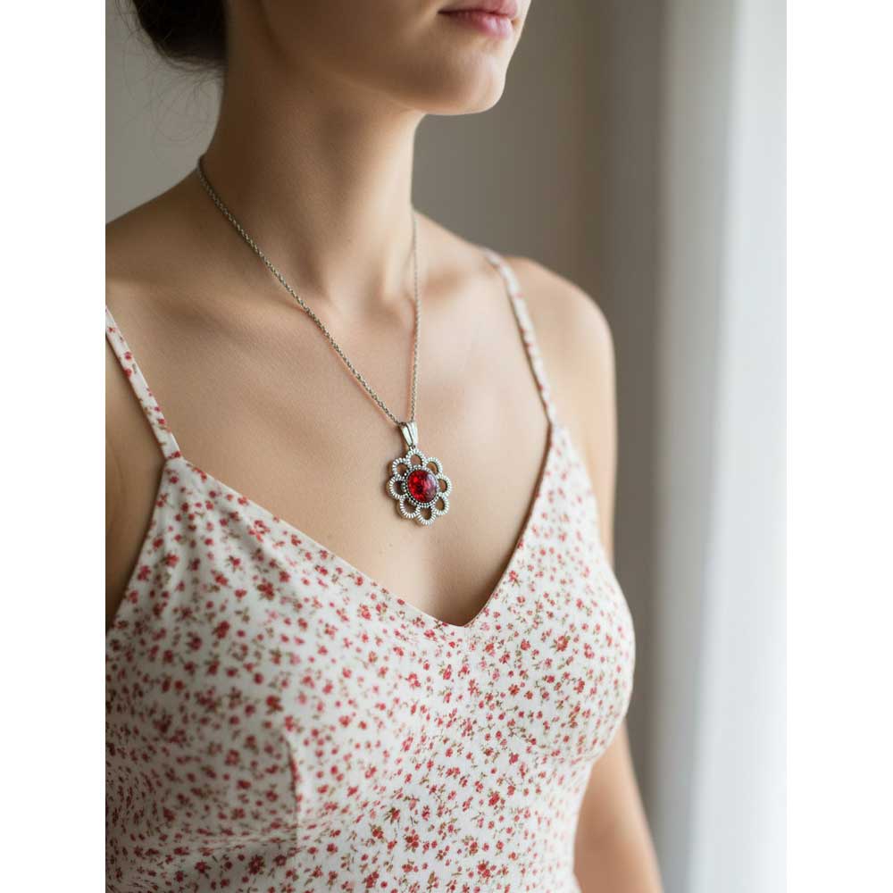 Model wearing Lilylin Designs red flower handcrafted resin necklace with a with and red sundress