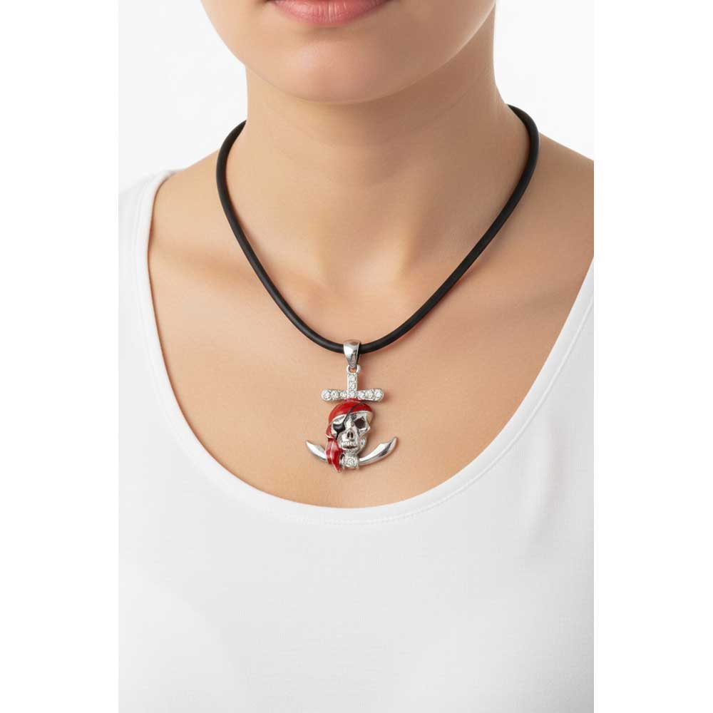 Model wearing red pirate skull necklace with a white shirt - Lilylin Designs