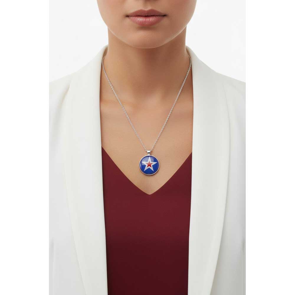 Model wearing Lilylin Designs red white and blue star necklace with a white jacket and red top
