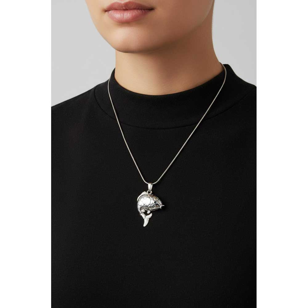 Model wearing silver fish necklace with a black top - Lilylin Designs