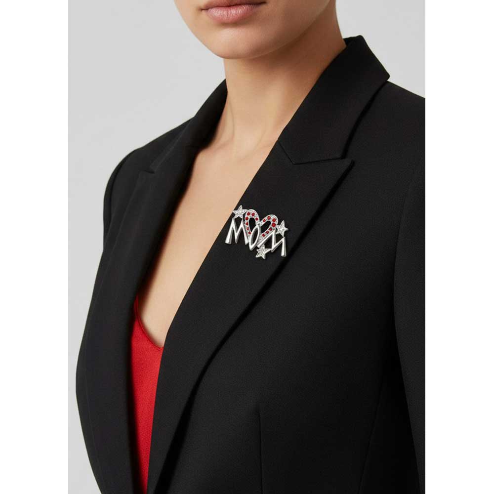 Model wearing silver mom elongated red crystal heart pin on a black jacket - Lilylin Designs