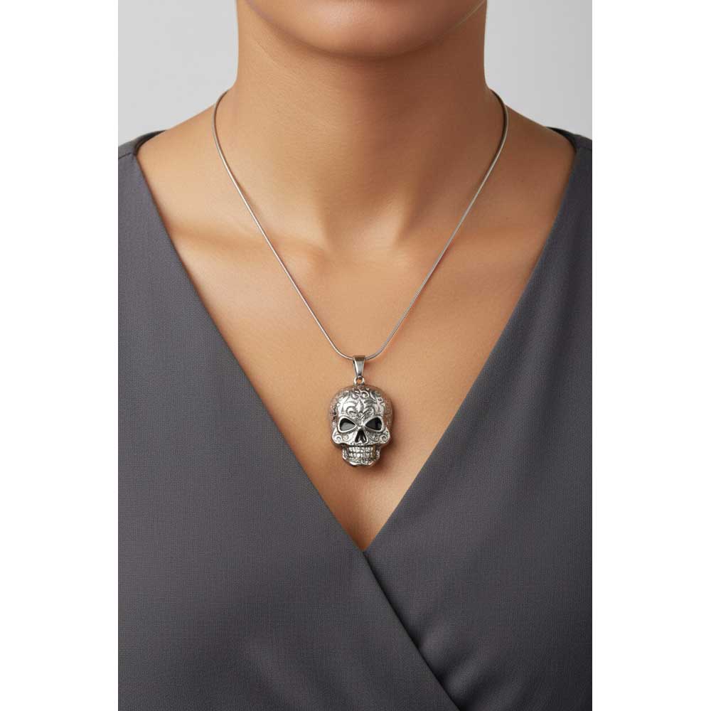 Model wearing Patterned skull necklace with a black t-shirt - Lilylin Designs