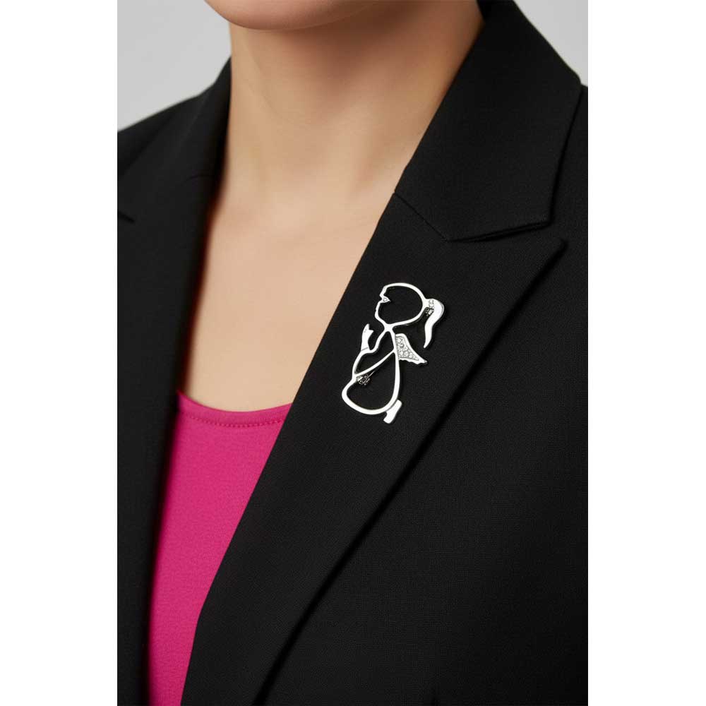 Model wearing silver praying angel girl on a black jacket with a hot pink shirt - Lilylin Designs