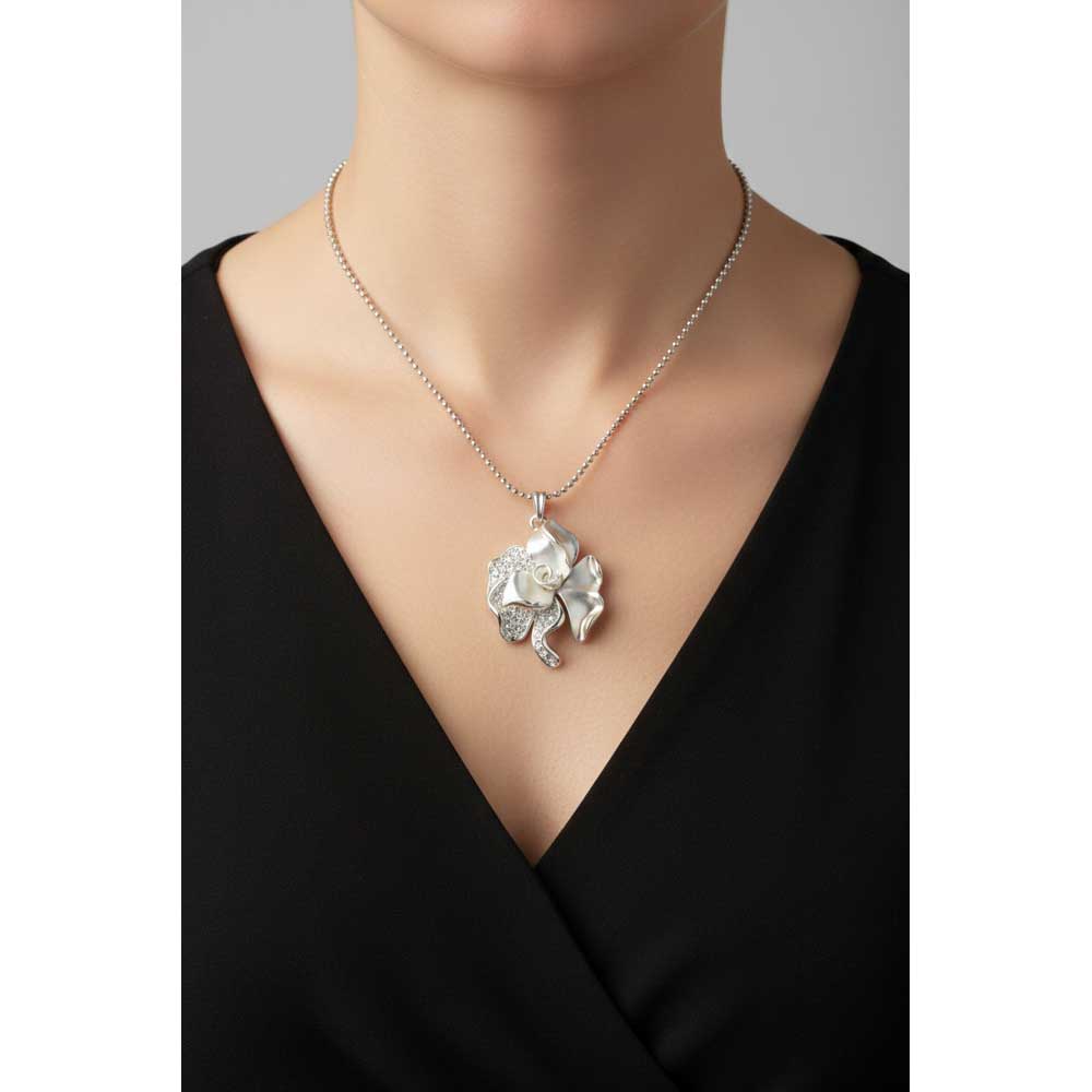 Model wearing frosted silver rose necklace with a black top - Lilylin Designs