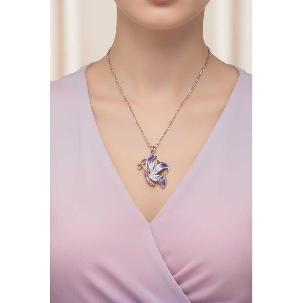 Model wearing purple pink and white butterfly with a light purple blouse - Lilylin Designs