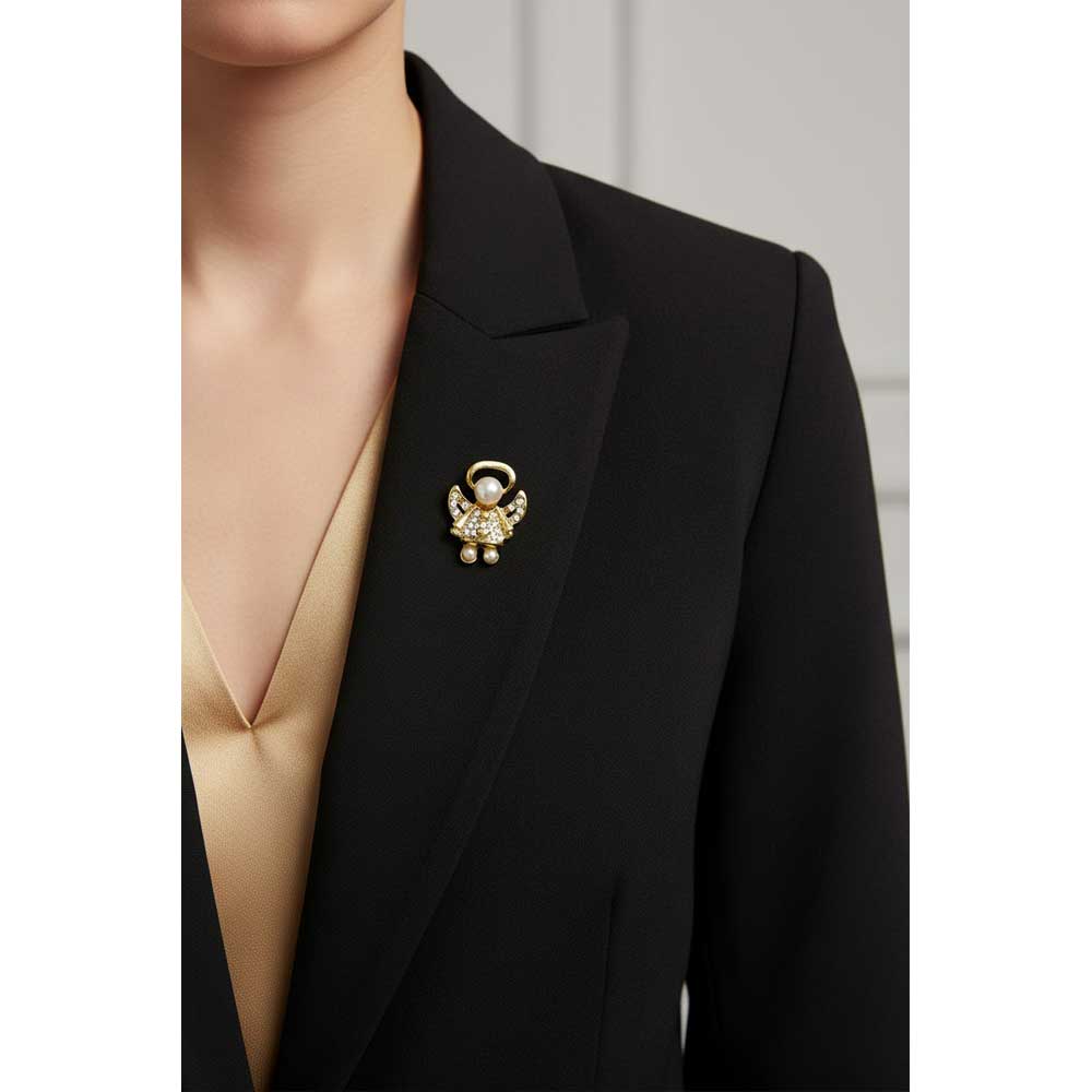 Model wearing small gold pearl head angel lapel tac pin on a black jacket with a gold top - Lilylin Designs