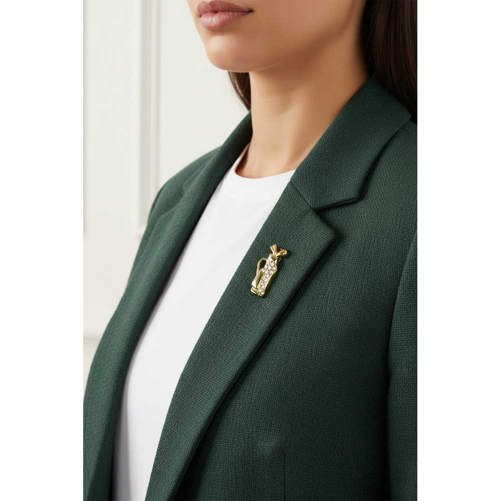 Model wearing small golf bag lapel tac pin on a dark green jacket with a white shirt - Lilylin Designs