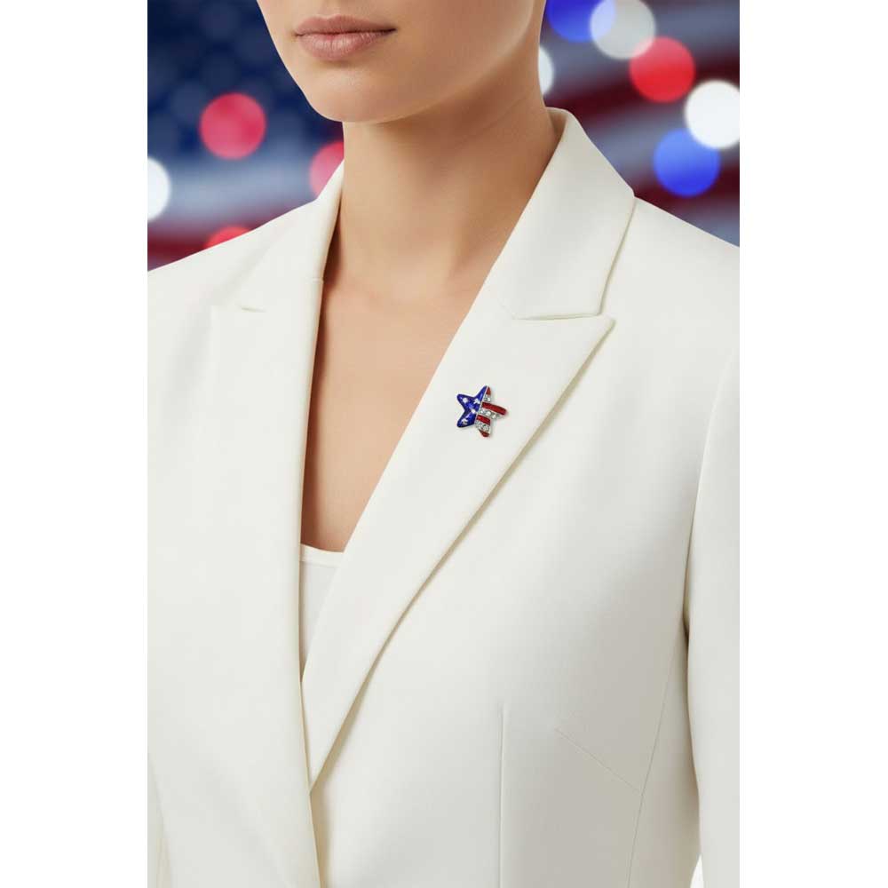 Model wearing small red white blue patriotic star lapel tac pin on a white jacket - Lilylin Designs