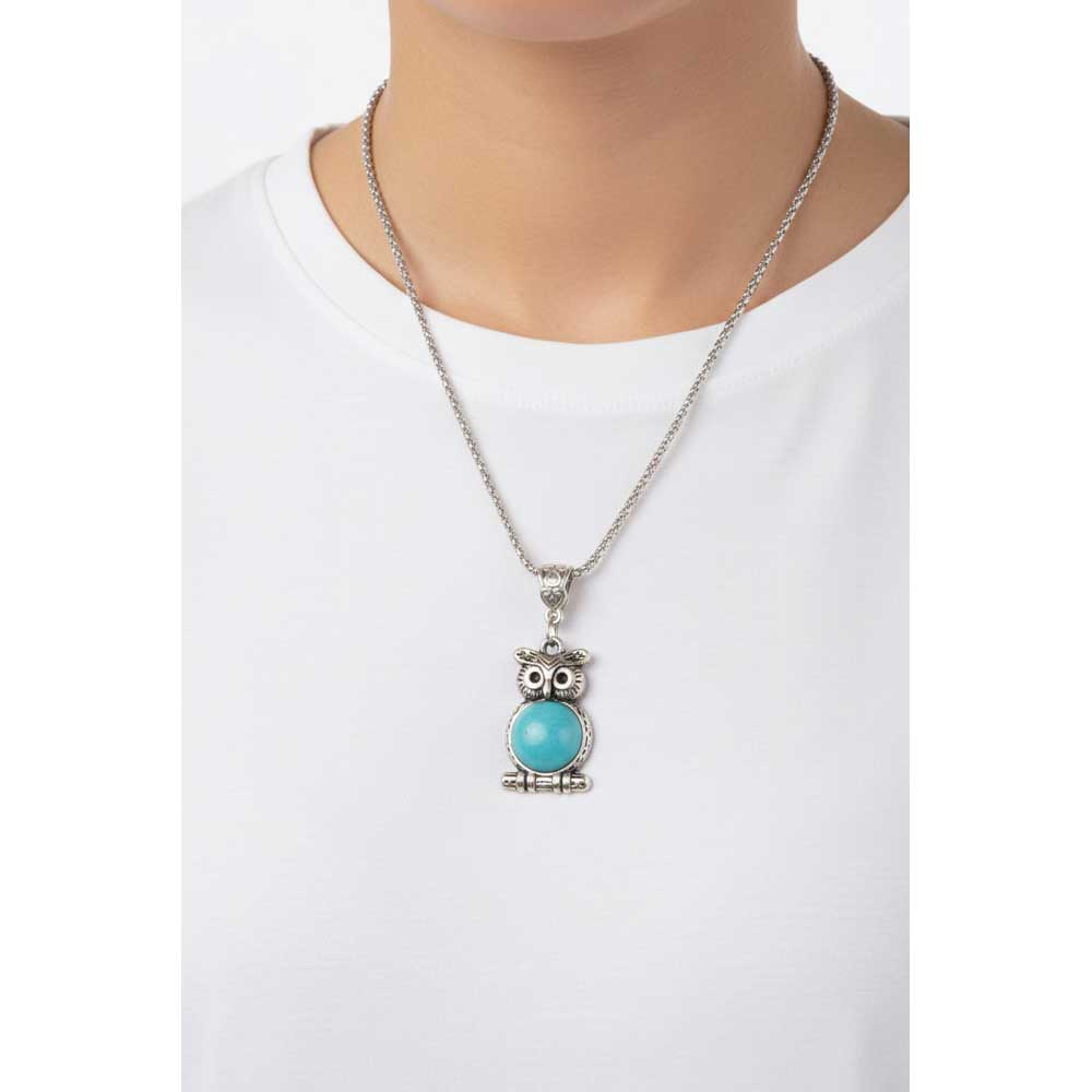 Model wearing turquoise owl necklace with a white t-shirt - Lilylin Designs