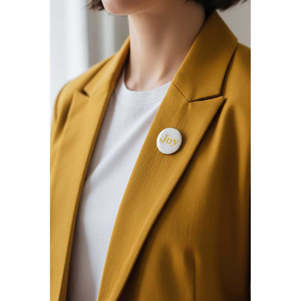 A close-up of a person wearing a mustard yellow blazer over a white t-shirt, featuring a round white button pin with the word 'Joy' in gold script on the lapel. Lilylin Designs