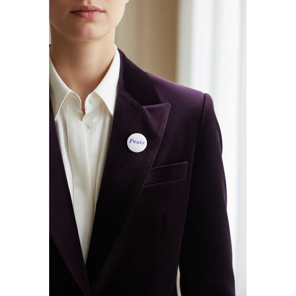 A close-up of a person wearing a dark plum velvet blazer over a white collared shirt, with a small round white pin reading 'Peace' on the lapel. Lilylin Designs