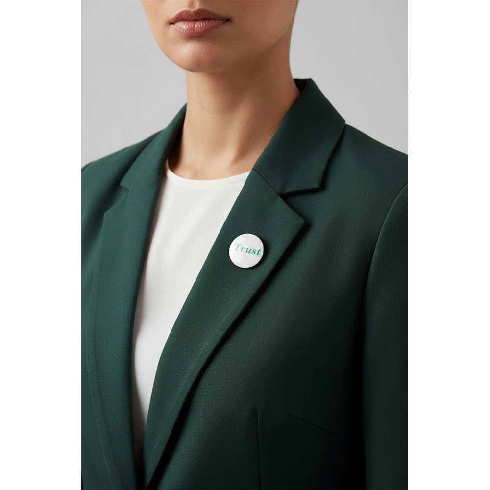 Model wearing a white lapel tac pin with the word "Trust" in green on a dark green jacket - Lilylin Designs