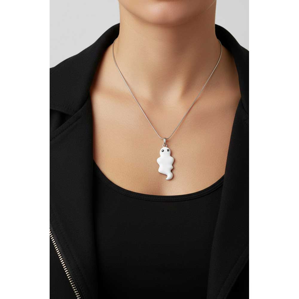 Model wearing white ghost necklace with a black jacket and black top - Lilylin Designs