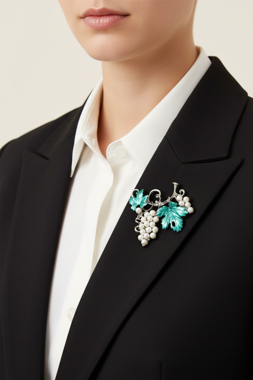Model with black jacket wearing white pearl grapes on a vine pin - Lilylin Designs