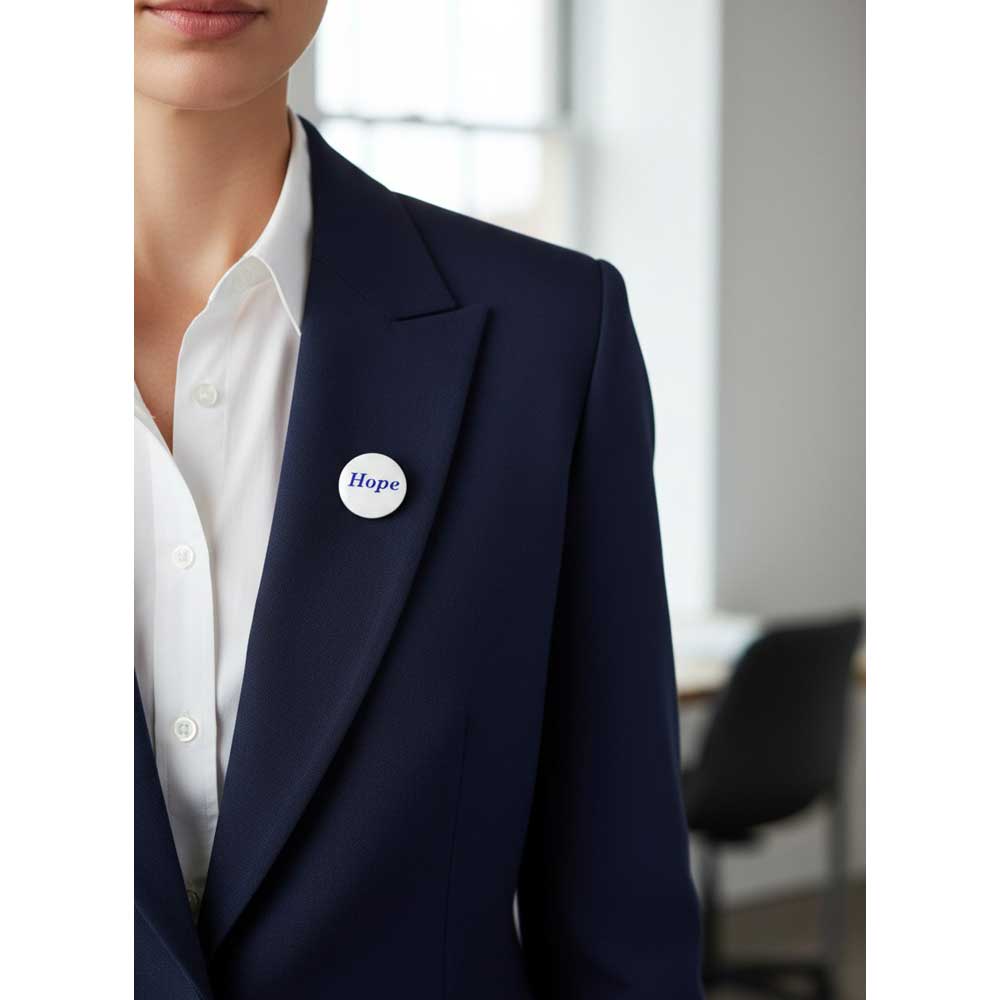 A close-up of a person wearing a navy blazer over a white collared shirt, with a round white pin that says "Hope" in blue on the lapel. The background is a softly blurred indoor office-like setting. Lilylin Designs