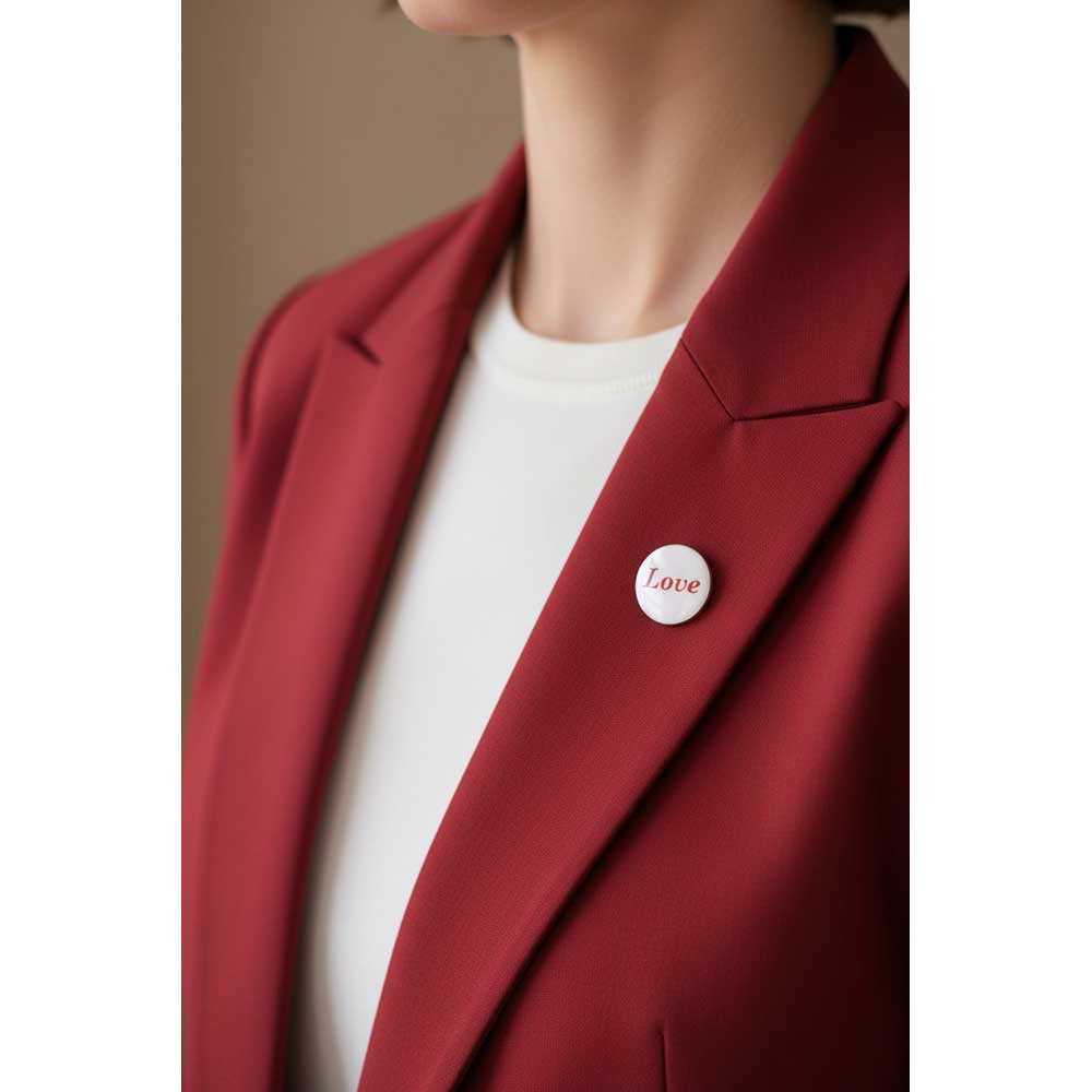 A close-up of a person wearing a red blazer over a white top, with a small round white pin on the lapel that reads 'Love' in red script. Lilylin Designs