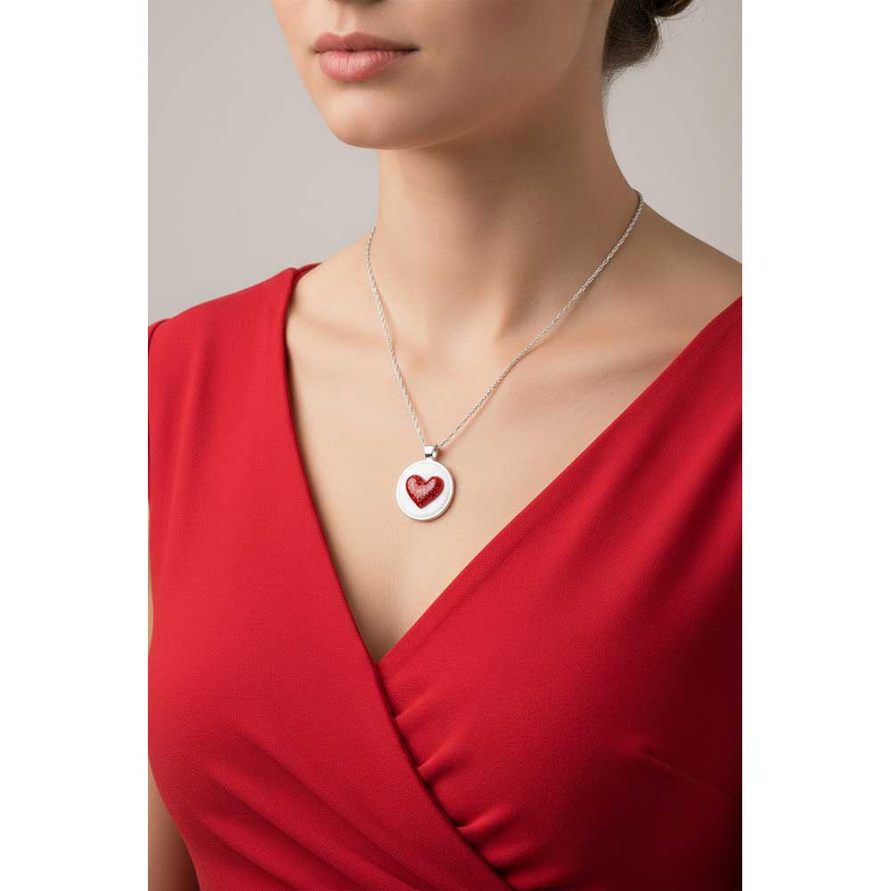 Model wearing Lilylin Designs handcrafted white with red heart necklace