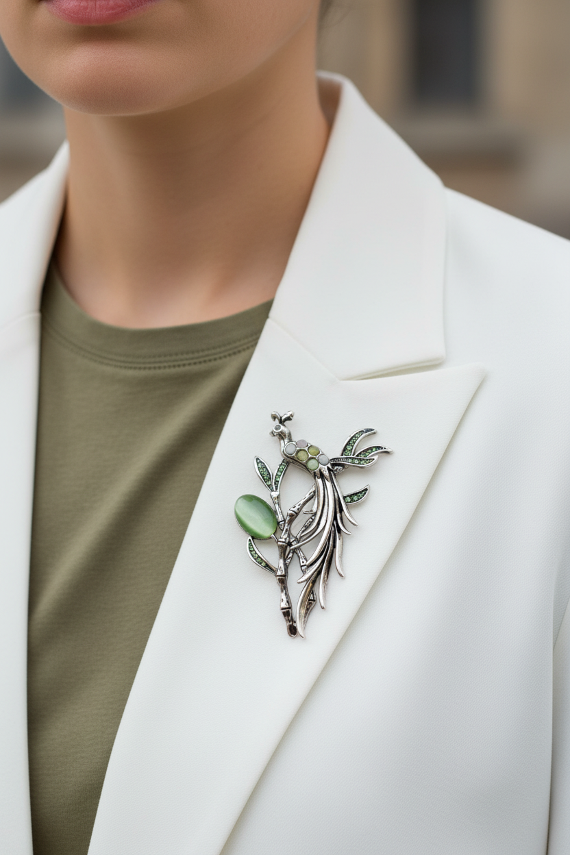 Woman wearing a peacock in a tree brooch pin - Lilylin Designs