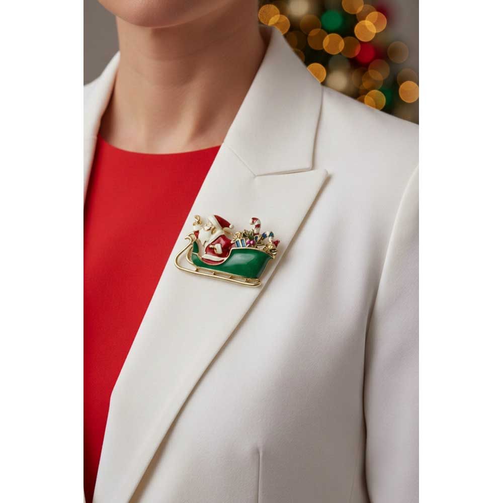 Model wearing Santa in a sleigh Christmas pin on a white jacket - Lilylin Designs