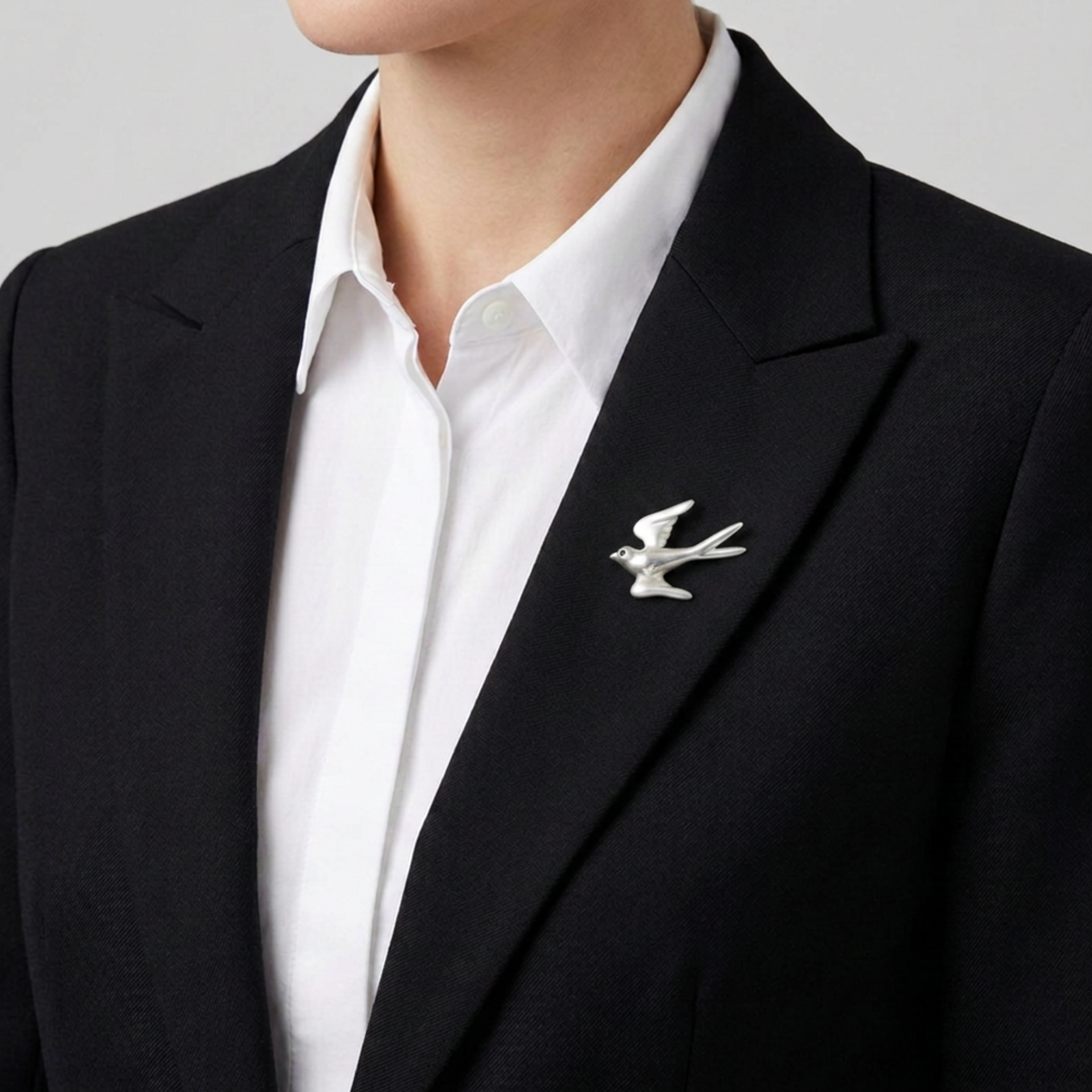Model wearing Silver dove with black crystal eye brooch pin - Lilylin Designs