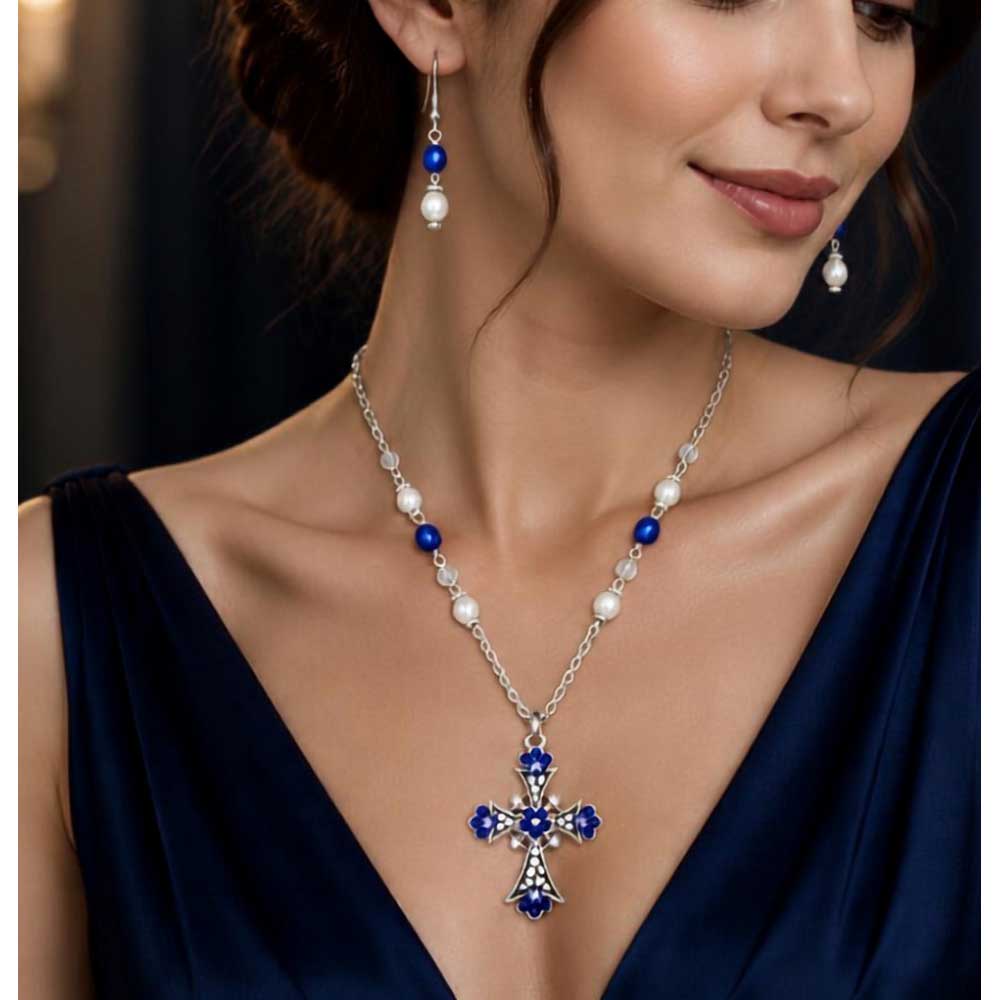 Model wearing blue beads and pearls cross necklace and earring set - Lilylin Designs