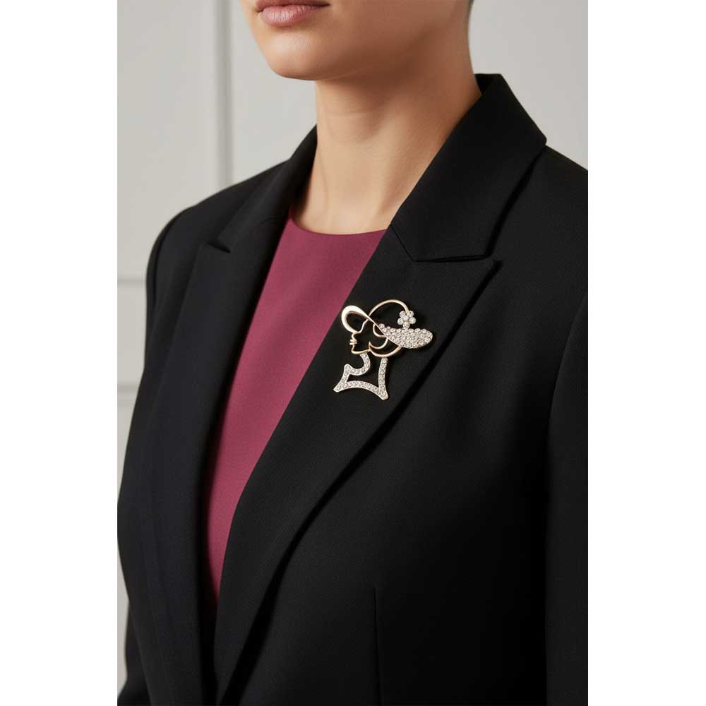 Model wearing crystal lady hat brooch pin on a black jacket - Lilylin Designs
