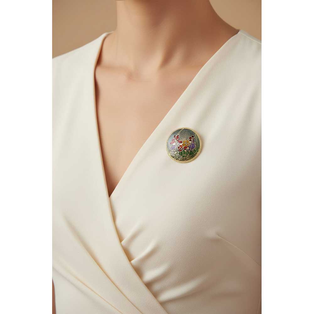 Model wearing round green cloisonne flower brooch pin - Lilylin Designs