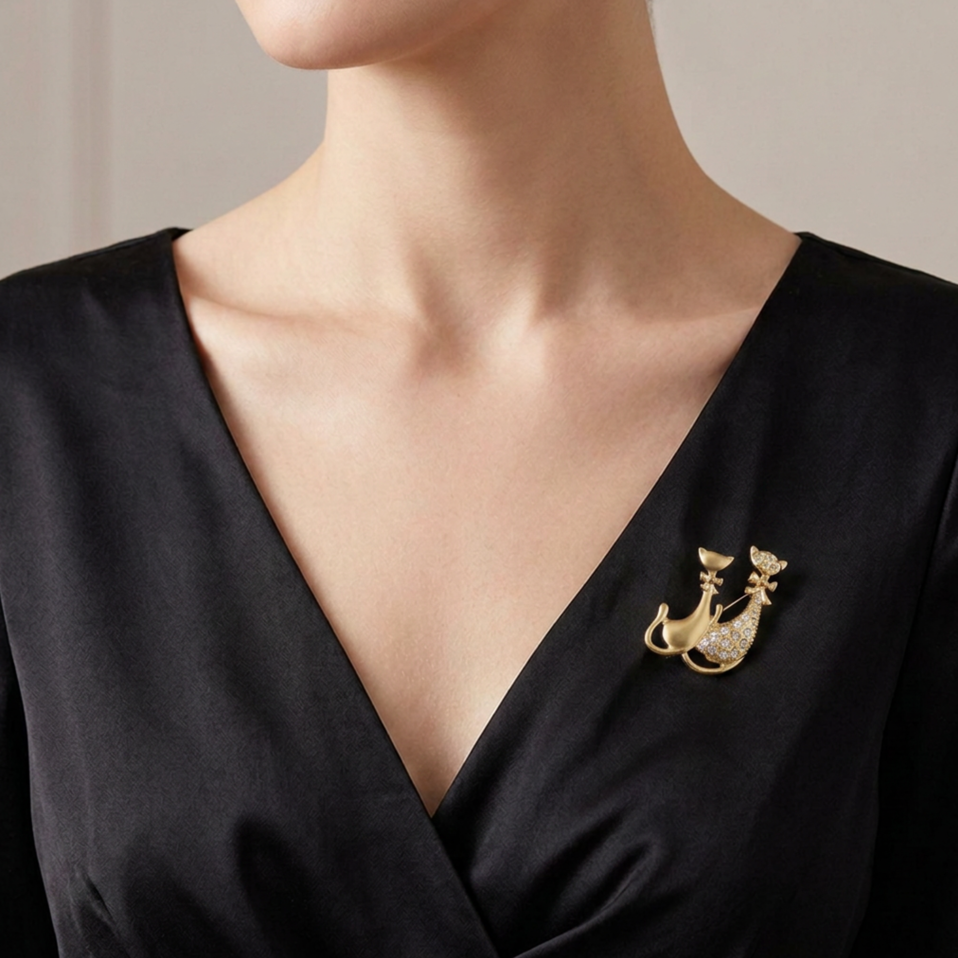 Model wearing gold Crystal Mom and Baby Cat Brooch Pin - Lilylin Designs