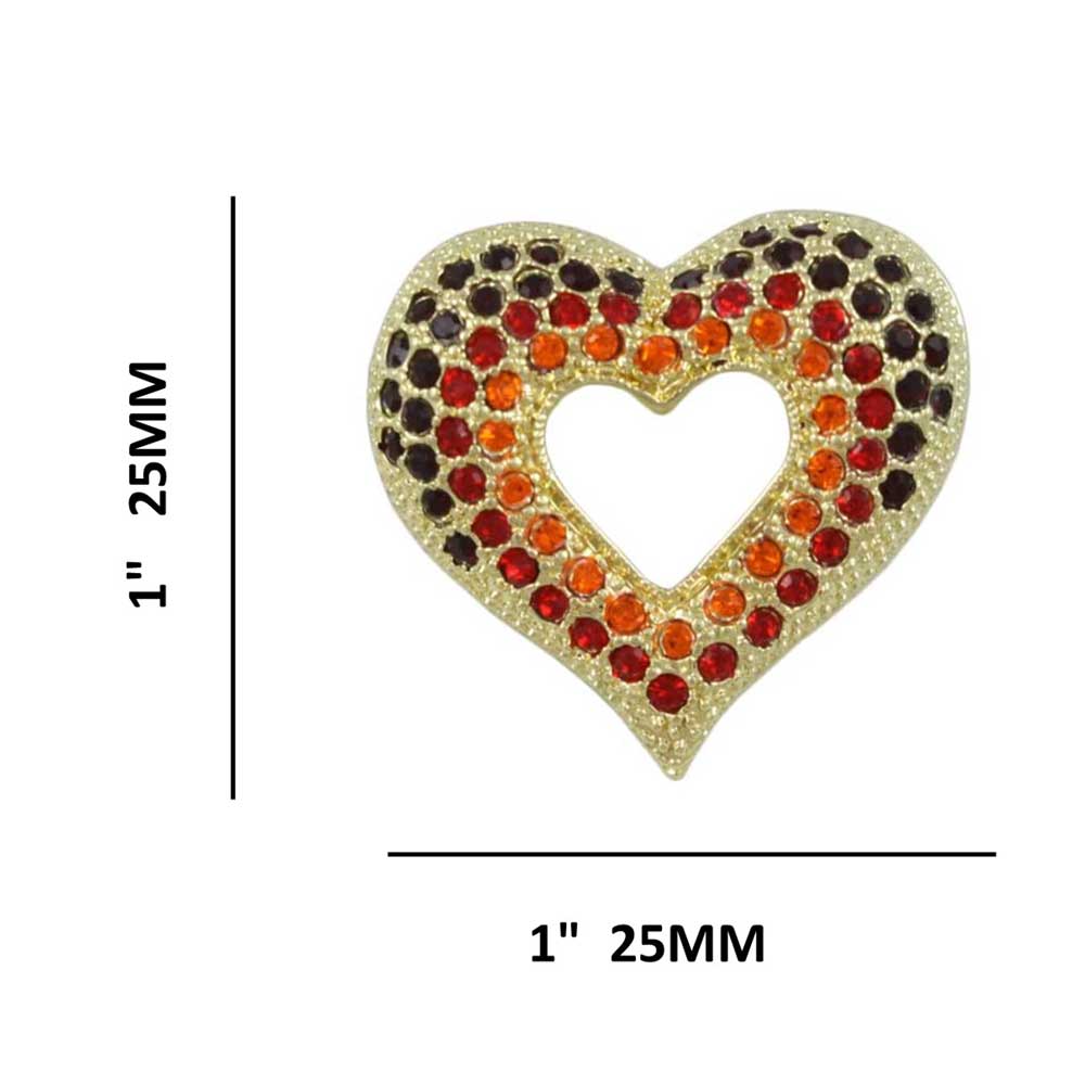 Small Red, and Orange Crystal Open Heart Brooch Pin shown with measurements - Lilylin Designs