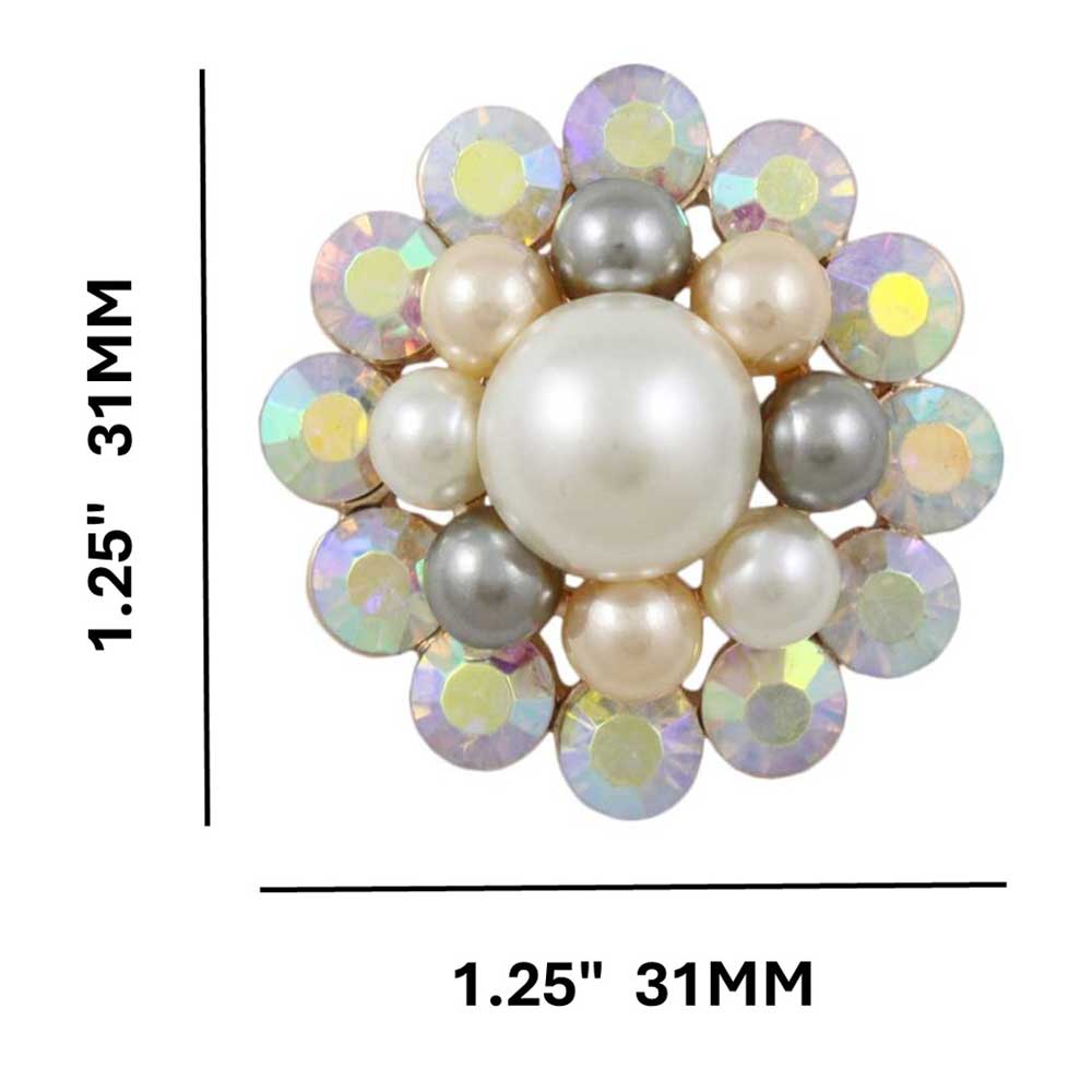 Multi Color Round Pearl with AB Stones Brooch Pin shown with measurements - Lilylin Designs