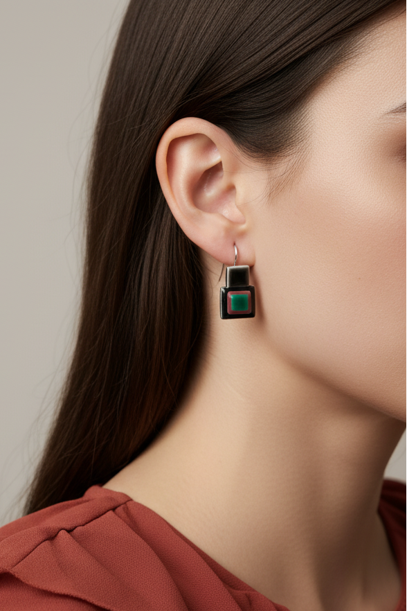 Model wearing multicolored square leverback earring - Lilylin Designs