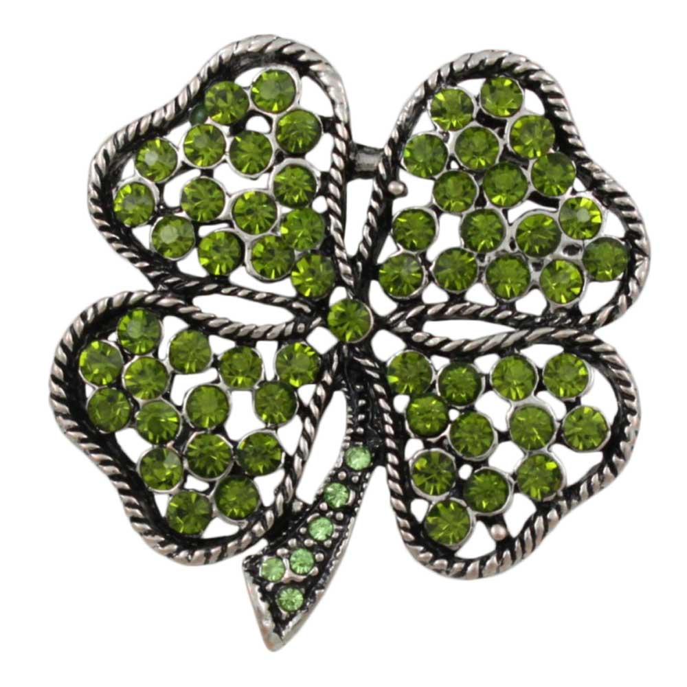 Antique Light Olive Green Crystal 4 Leaf Clover Brooch Pin - Lilylin Designs