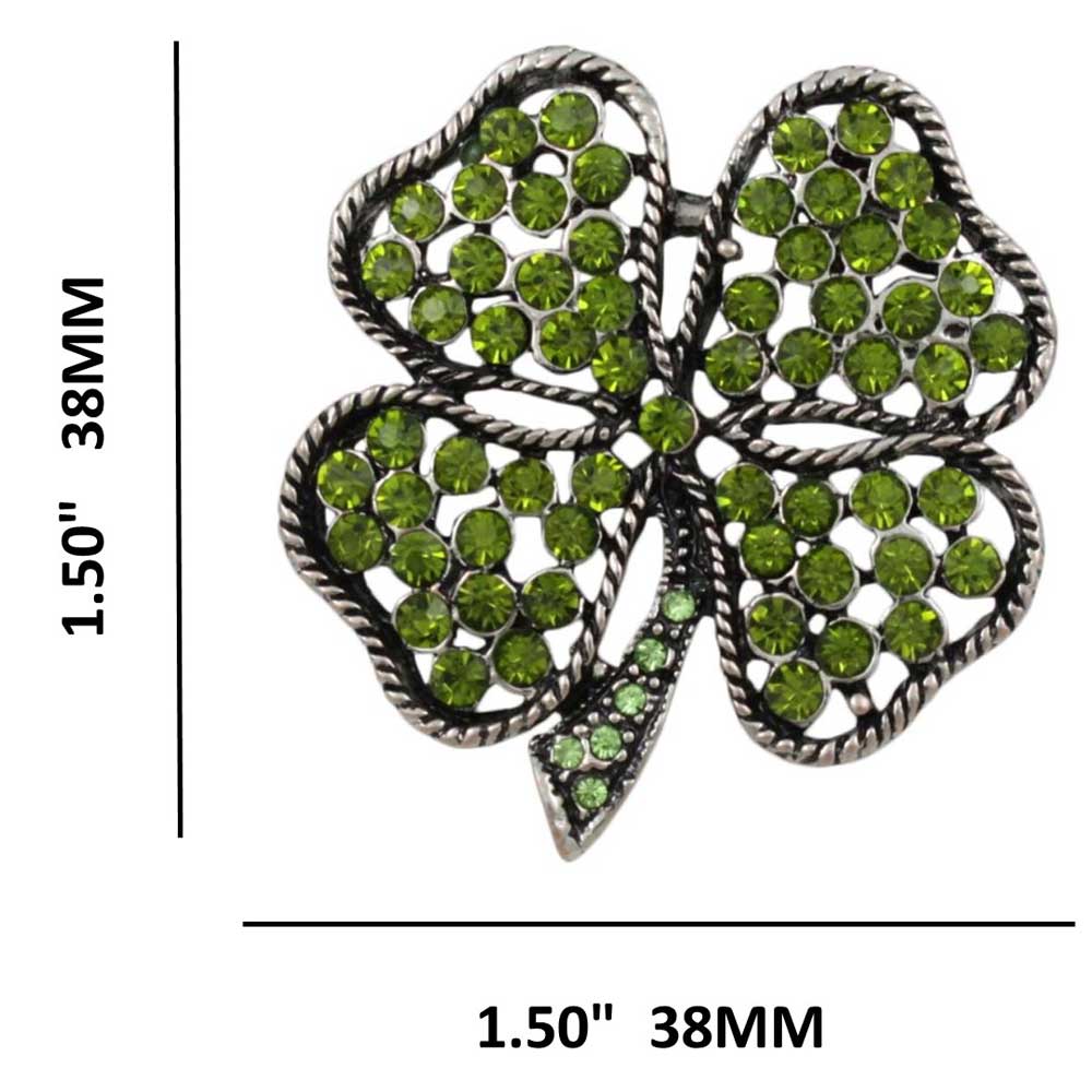 Antique Light Olive Green Crystal 4 Leaf Clover Brooch Pin with measurements - Lilylin Designs