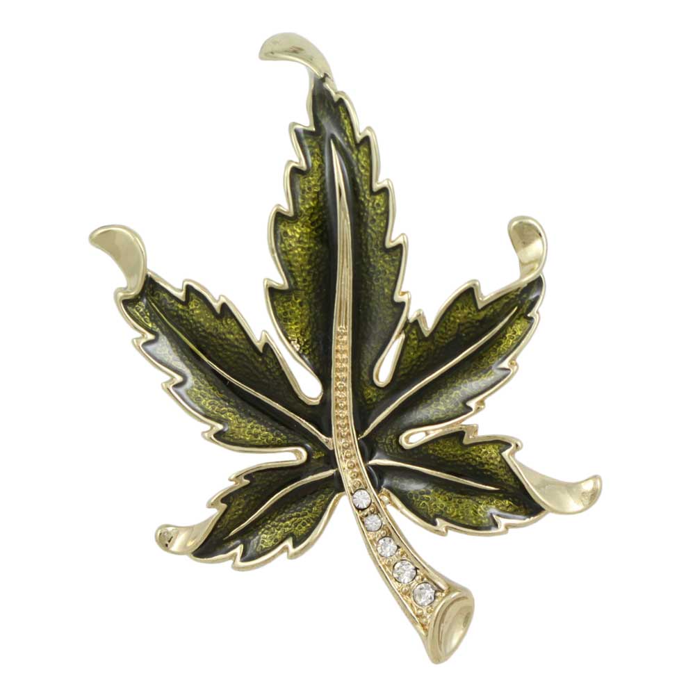 Olive Green Enamel and Crystal Maple Leaf Brooch Pin - Lilylin Designs