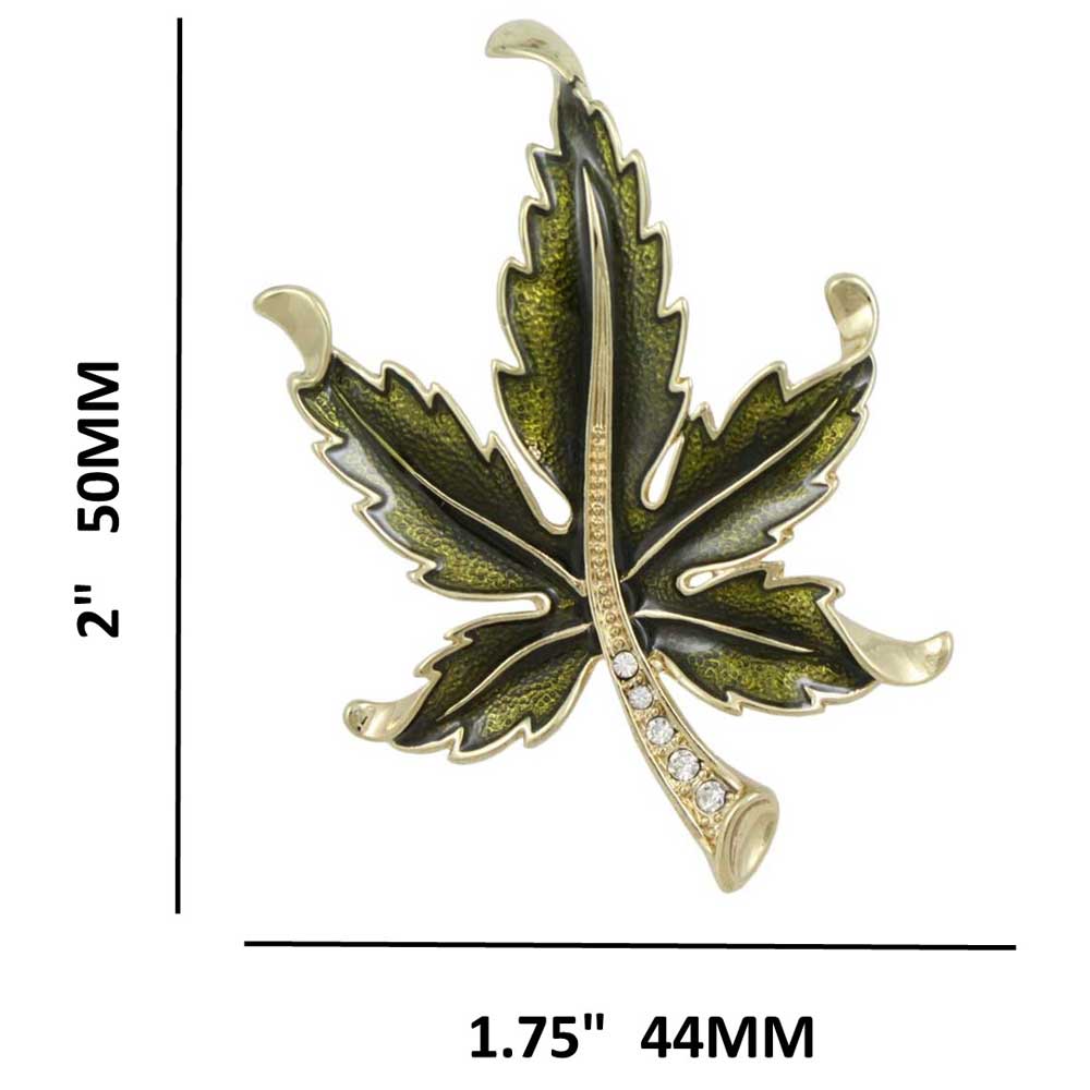 Olive Green Enamel and Crystal Maple Leaf Brooch Pin with measurements - Lilylin Designs