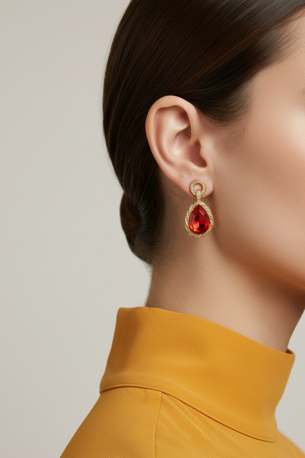 Model wearing red teardrop crystal earring - Lilylin Designs