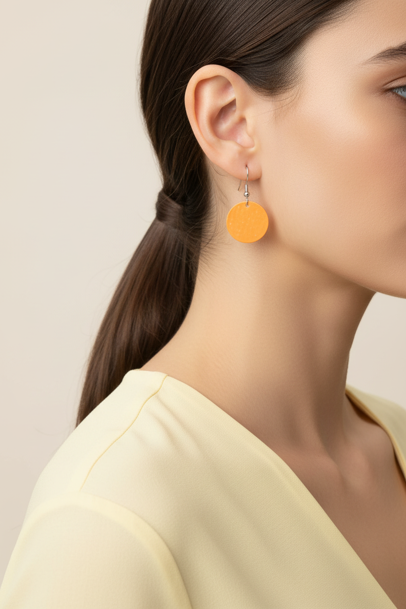 Model wearing textured orange disc earring - Lilylin Designs