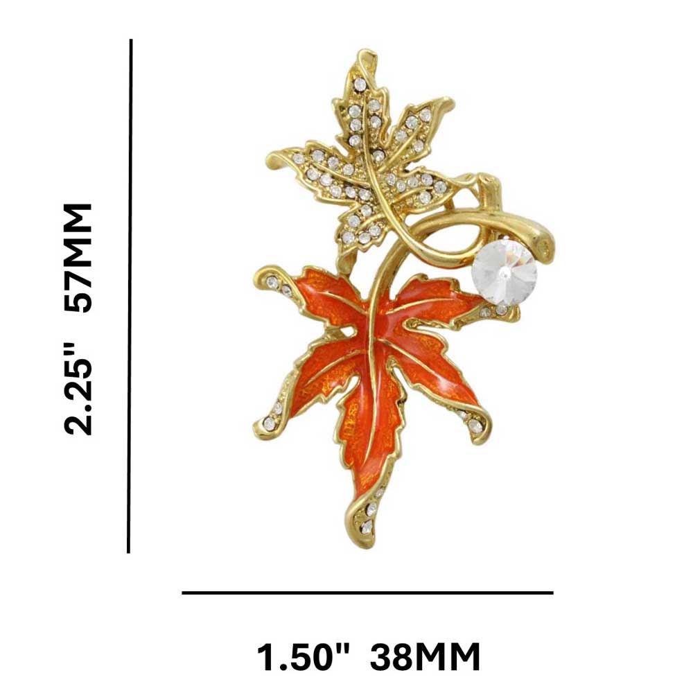 Crystal and Orange Enamel Maple Leaves Brooch Pin with measurements - Lilylin Designs