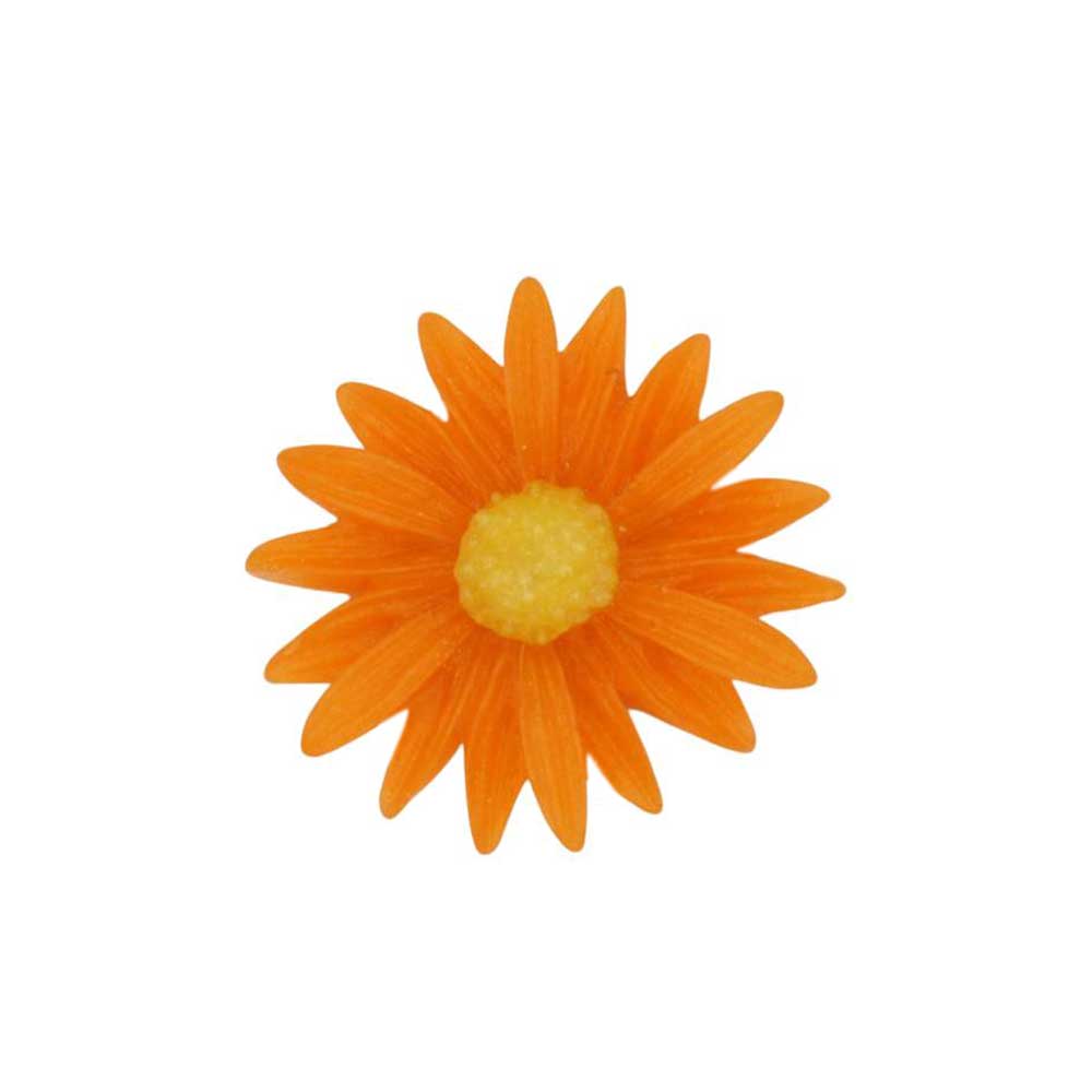 Handcrafted orange daisy with yellow center flower pin on white background - Lilylin Designs