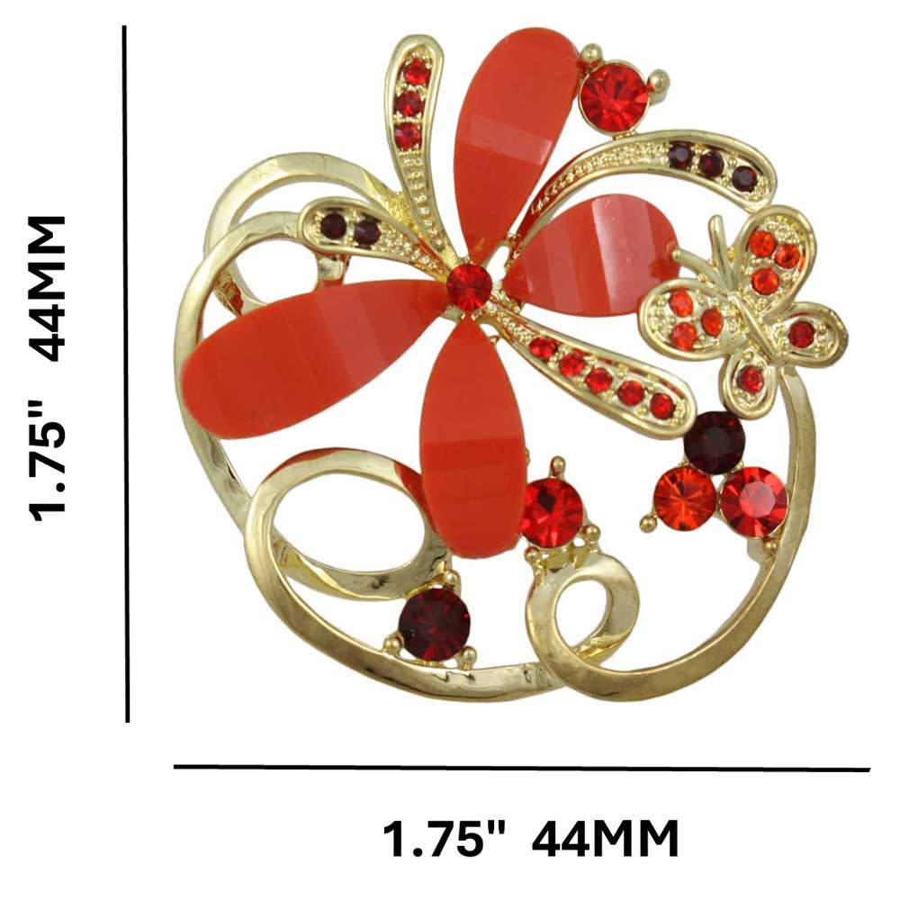 Orange Resin and Crystal Butterflies Brooch Pin with measurements - Lilylin Designs