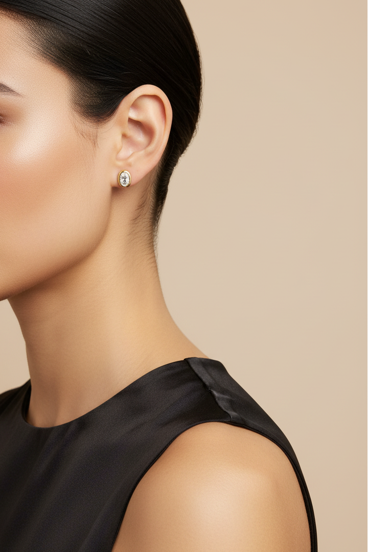 Model wearing small oval CZ stud earring - Lilylin Designs