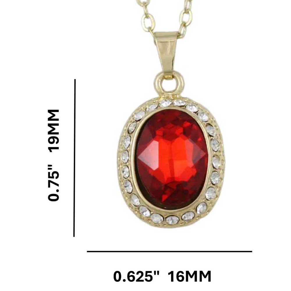 Red Oval Crystal Pendant on Gold - plated Chain with measurements - Lilylin Designs
