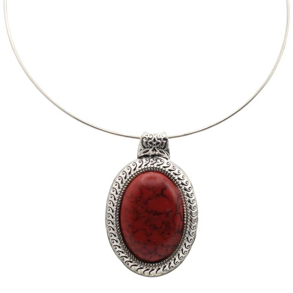 Wire Necklace with Oval Red Turquoise Pendant - Lilylin Designs