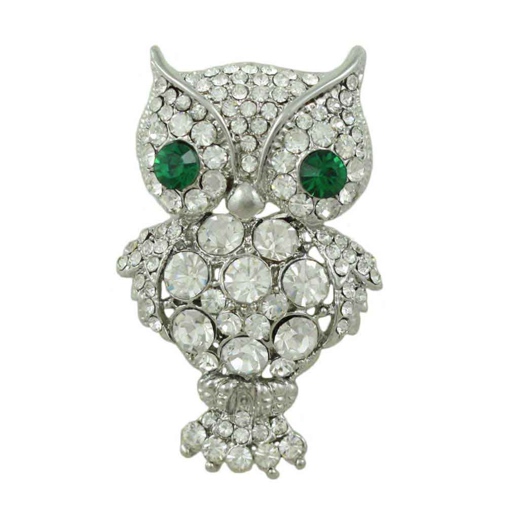 Lilylin Designs Large Crystal Owl Brooch Pin with Green Crystal Eyes